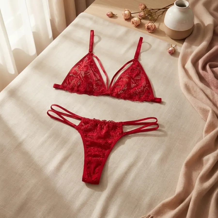 Conjunto de lingerie em renda vermelha
